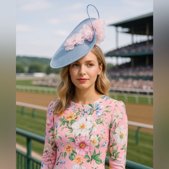 Accessories - Kentucky Derby Hat Blue Derby Fascinator Hat with Pink Flowers – Race Day Ready